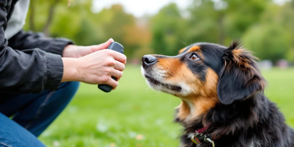 Hund mit Clickertraining im Park.