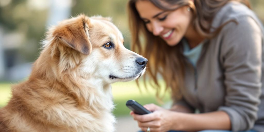 Hundetrainer mit Clicker und konzentriertem Hund.